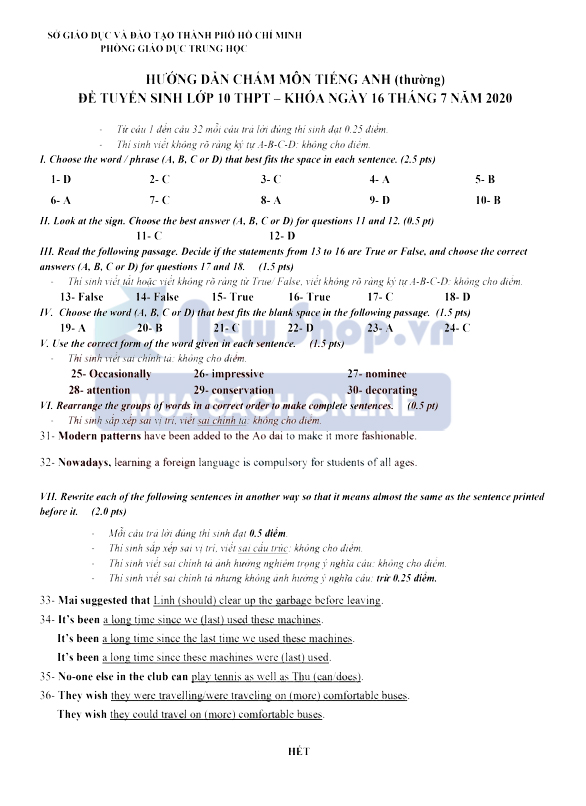 Đáp án đề thi vào 10 chính thức năm 2020 TP HCM môn Tiếng anh