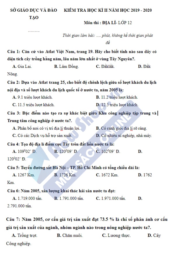 đề kiểm tra địa lý 12 đề 1