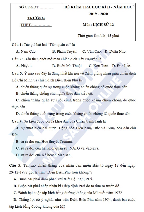 đề thi hk2 môn lịch sử lớp 12 đề số 1