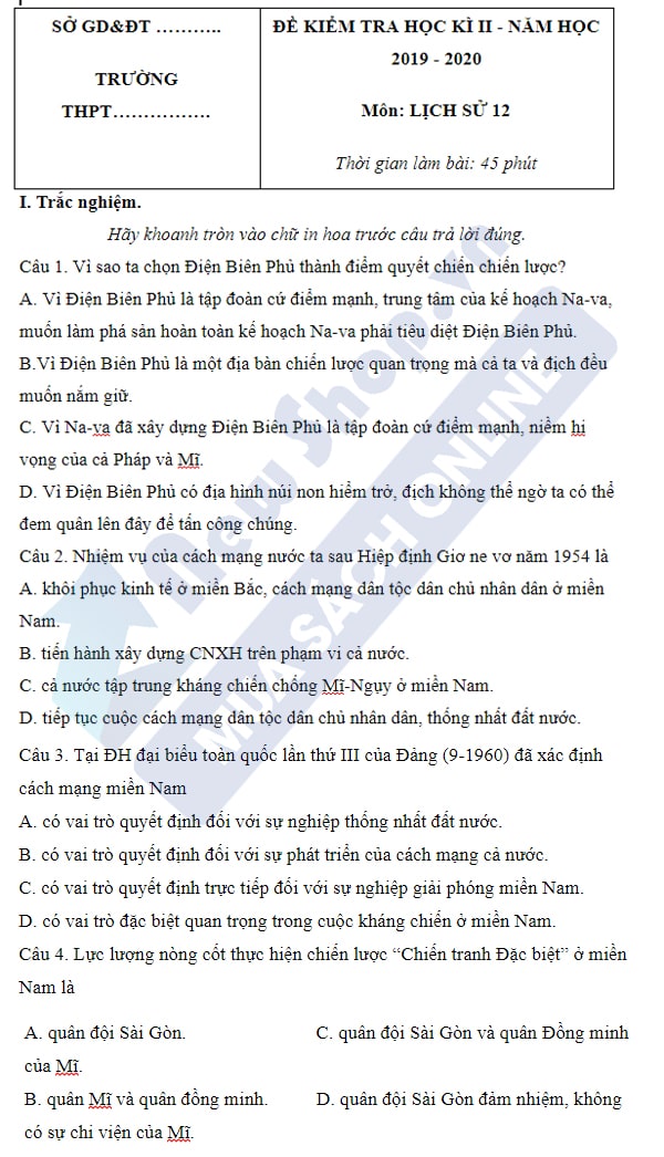 đề thi hk2 môn lịch sử lớp 12 đề số 2