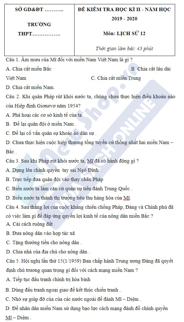 đề thi hk2 môn lịch sử lớp 12 đề số 3
