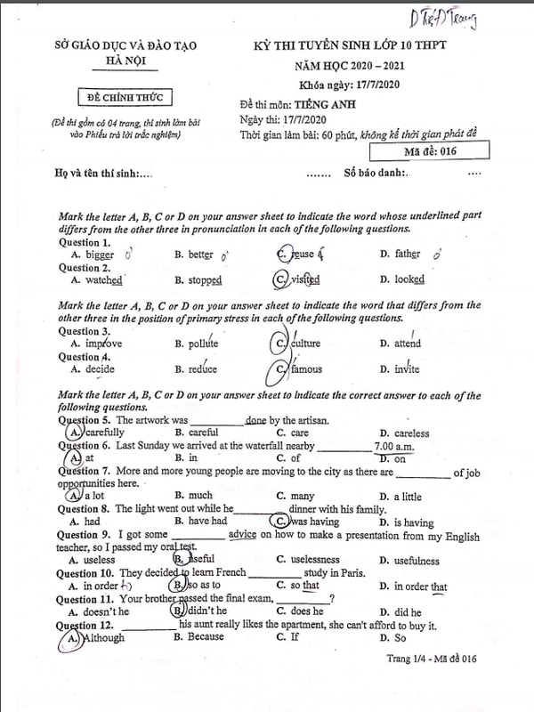 đề thi môn anh vào 10 tại hà nội 2020