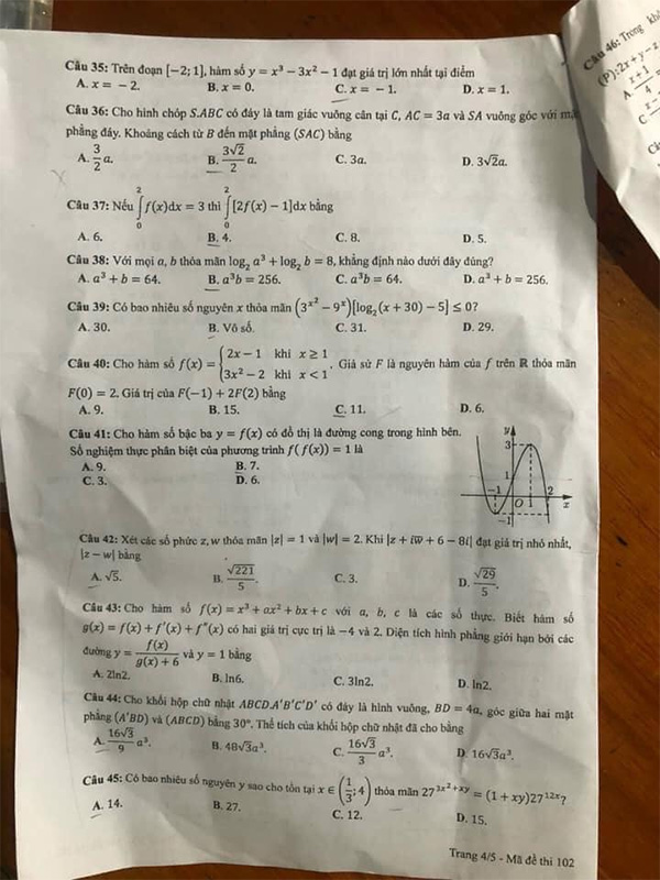 Đề thi tốt nghiệp thpt môn toán mã đề 102