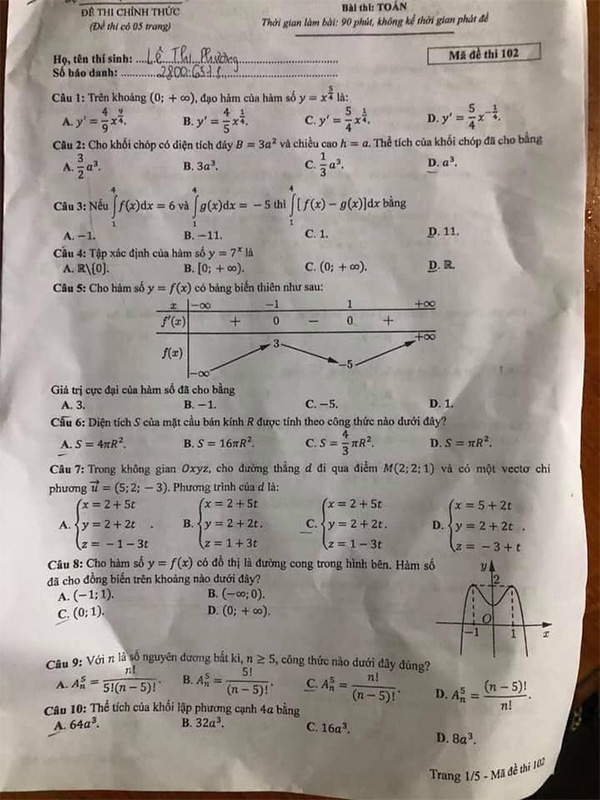 Đề thi tốt nghiệp thpt môn toán mã đề 102