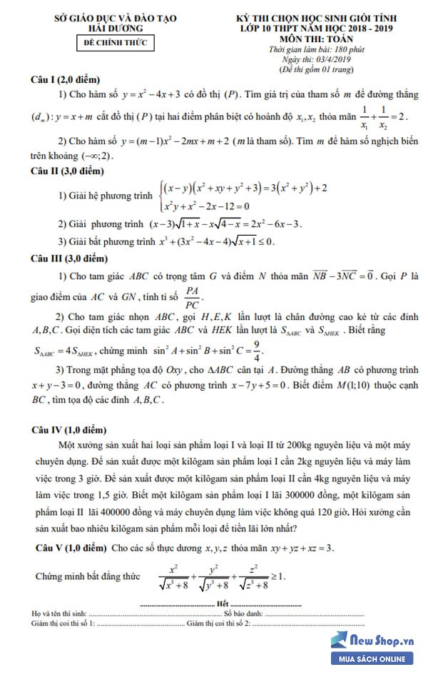 đề thi olympic môn toán lớp 10 trường hải dương