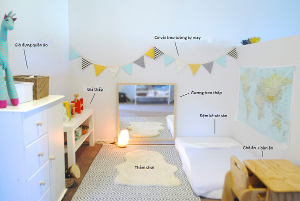Một căn phòng Montessori cho bé sơ sinh với 4 không gian cho các hoạt động của trẻ. (afamily.vn)