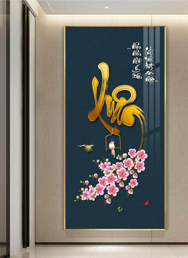 Tranh Tết Treo Tường Hoa Đào Chữ Xuân