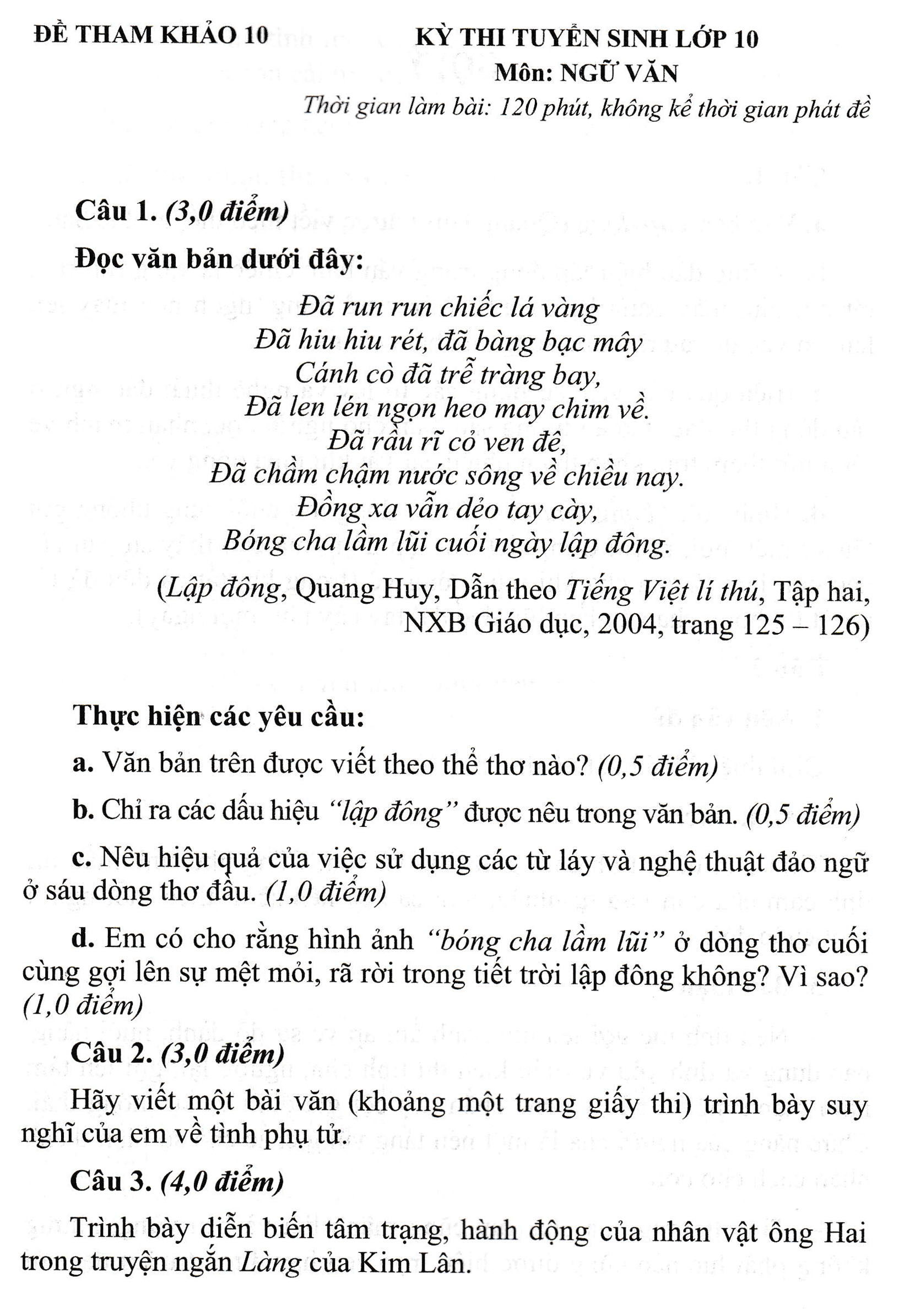 đề thi tuyển sinh lớp 10 môn văn phú yên