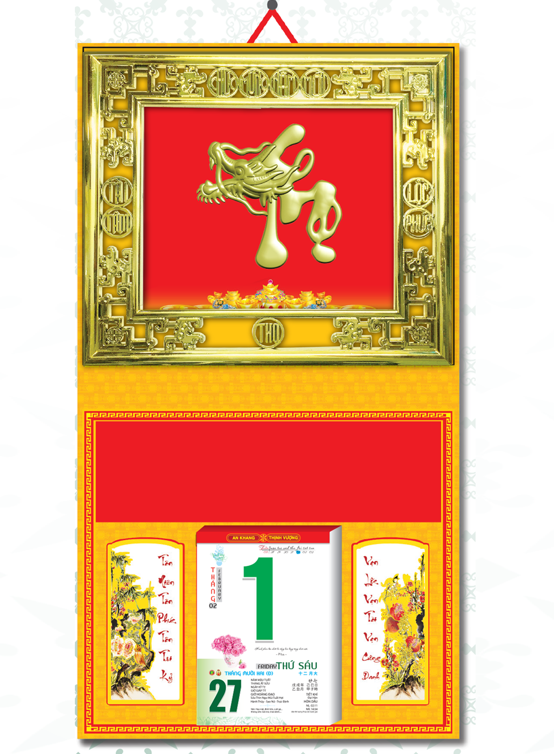Bìa Treo Lịch 2019 Metalize Ép Kim Cao Cấp 7 Màu (40 x 80 cm) - Mẫu Khung Vàng - Dán Nổi Chữ Thọ Đầu Rồng - KV188
