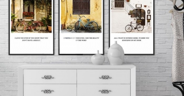 Tranh Treo Tường Phố Cổ Và Xe Đạp (3 Tấm 37x25x3 cm)