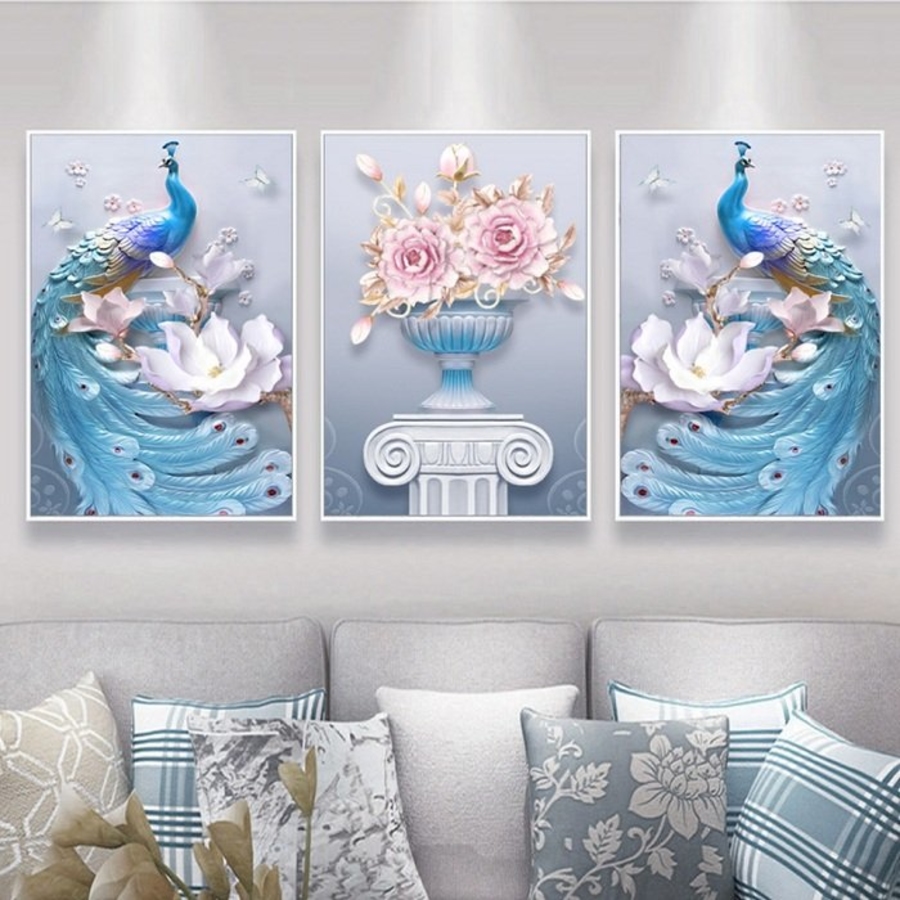 Tranh Treo Tường Chim Công Xanh Khoe Sắc (3 Tấm 37X25X3 Cm)