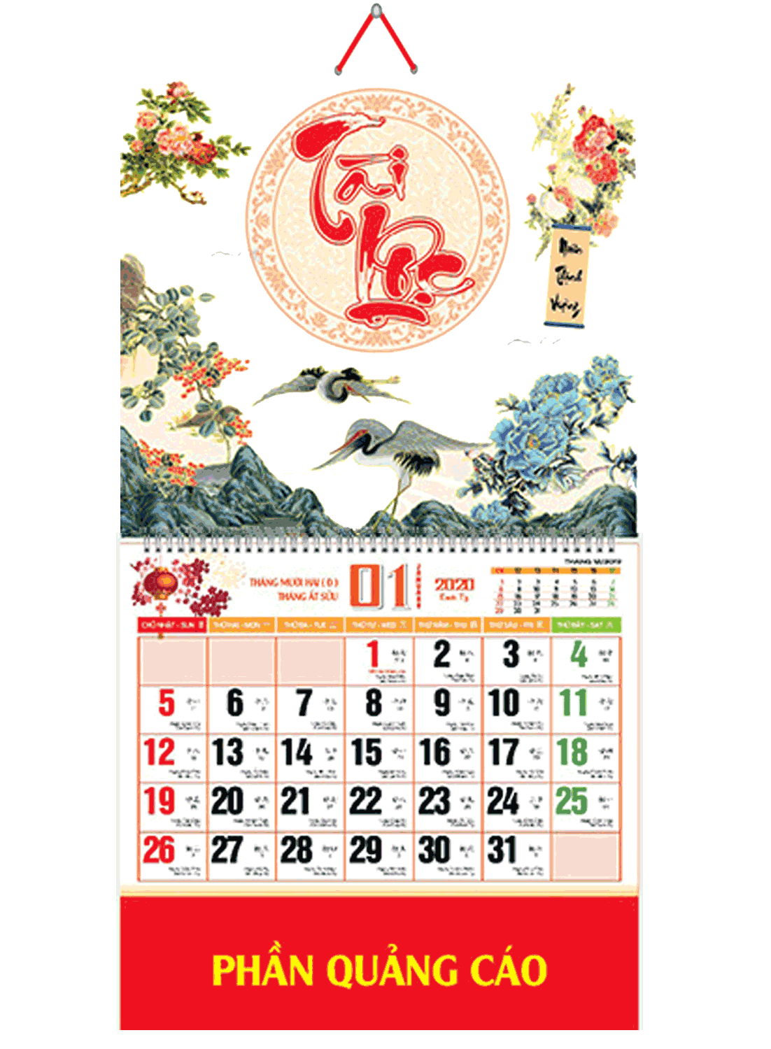 Bìa Treo Lịch Lò Xo Giữa Bế Nổi (37x68cm) Gắn Bộ Số 2020 - NS101