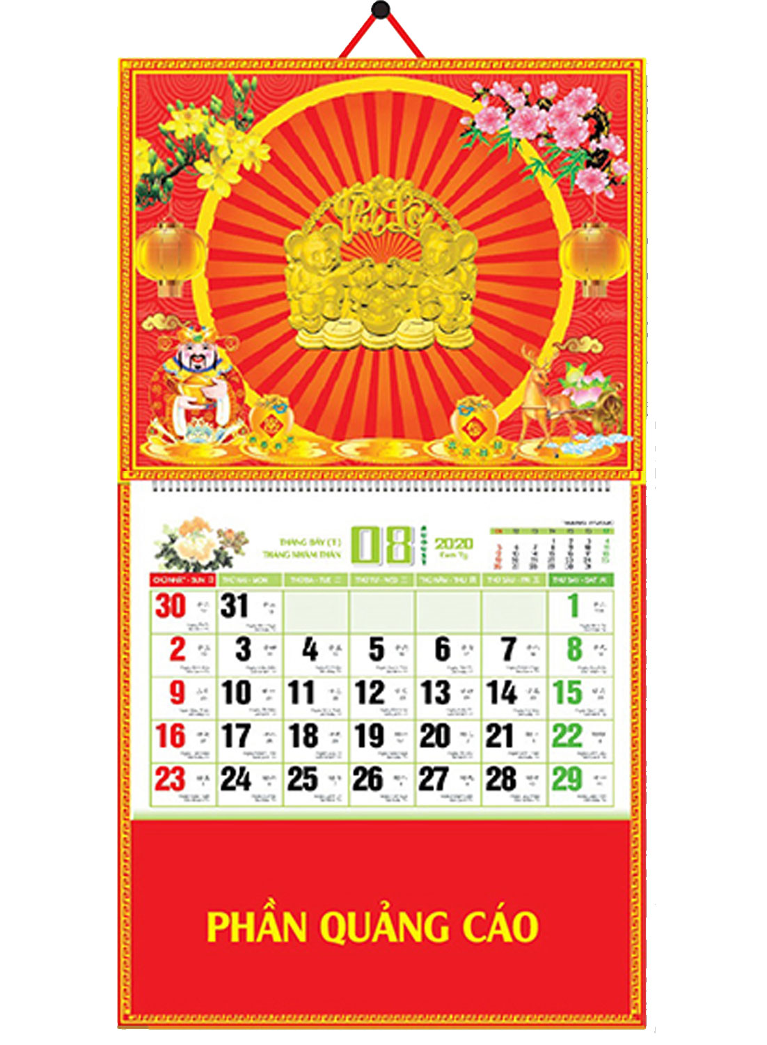 Bìa Treo Lịch Lò Xo Giữa Dán Chữ Nổi (37x68 cm) Gắn Bộ Số 2020 - NS145