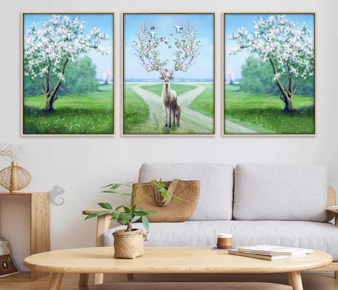 Tranh Treo Tường Đôi Hươu Và Cây Nghệ Thuật 03 (3 Tấm 40X60 Cm)