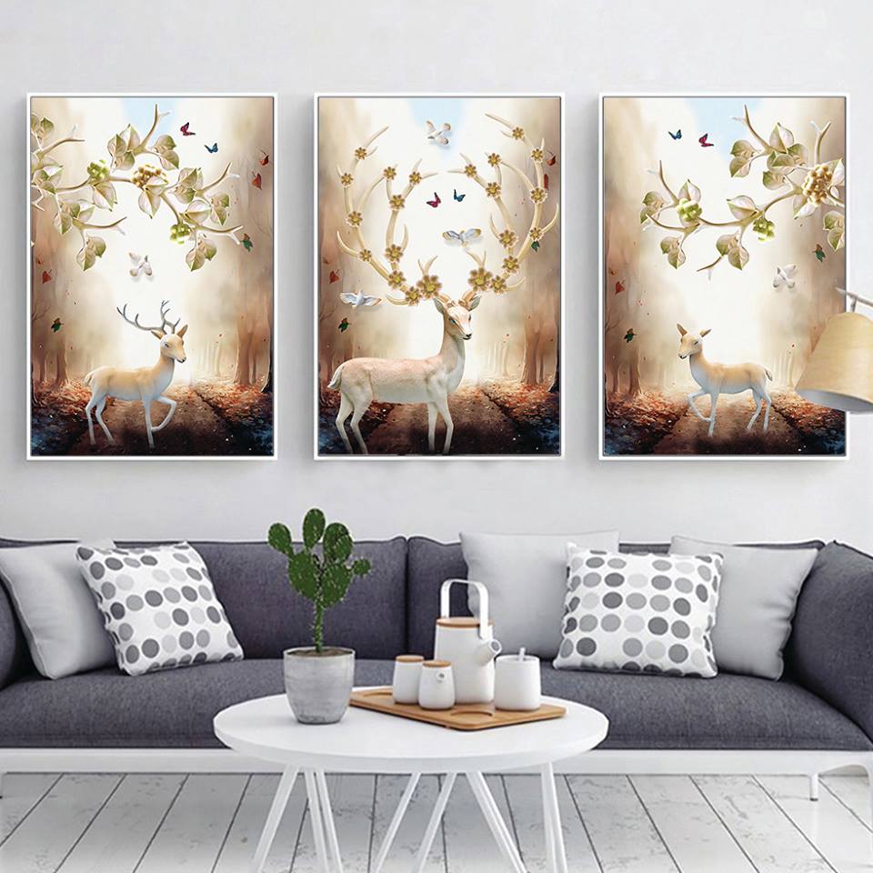 Tranh Treo Tường Tam Hươu Tài Lộc Và Cây Nghệ Thuật (3 Tấm 40x60 cm)