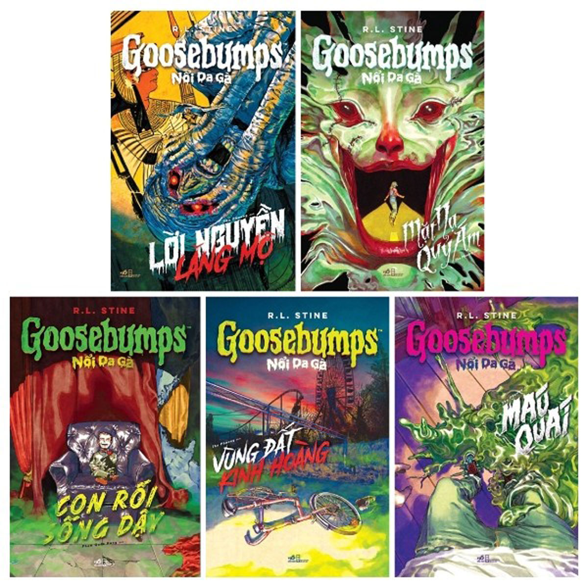 Combo Goosebumps: Nổi Da Gà: Con Rối Sống Dậy + Lời Nguyền Lăng Mộ + Mặt Nạ Quỷ Ám + Máu Quái + Vùng Đất Kinh Hoàng (Bộ 5 Cuốn)