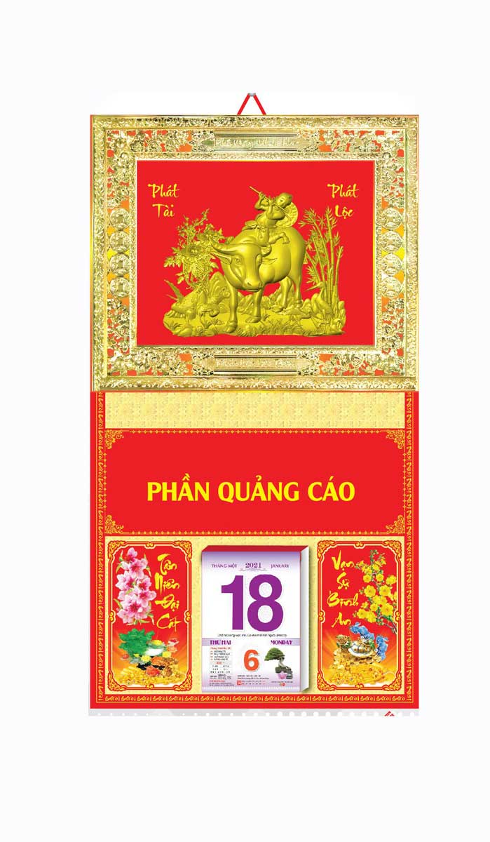 Bìa Khung Lịch 2021 Metalize (40x72 Cm) Dán Chữ Nổi Gắn Bloc Lịch - Chăn Trâu Thổi Sáo - NS114
