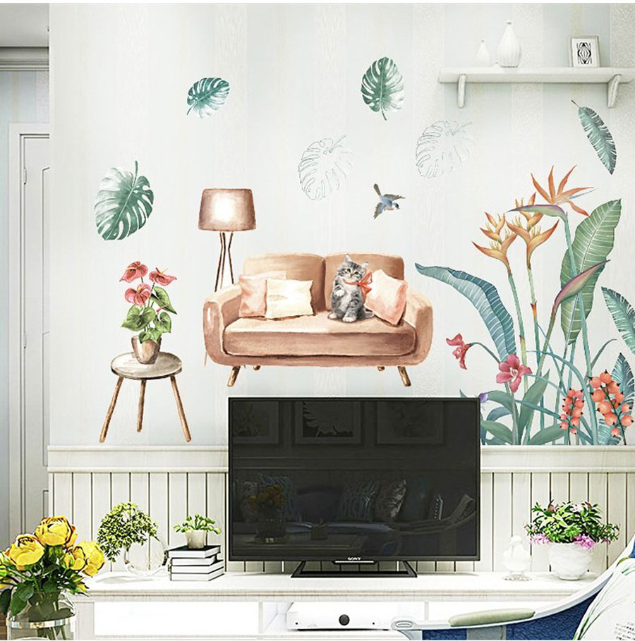 Decal Dán Tường Mèo Ngồi Trên Sofa Và Lá Xanh