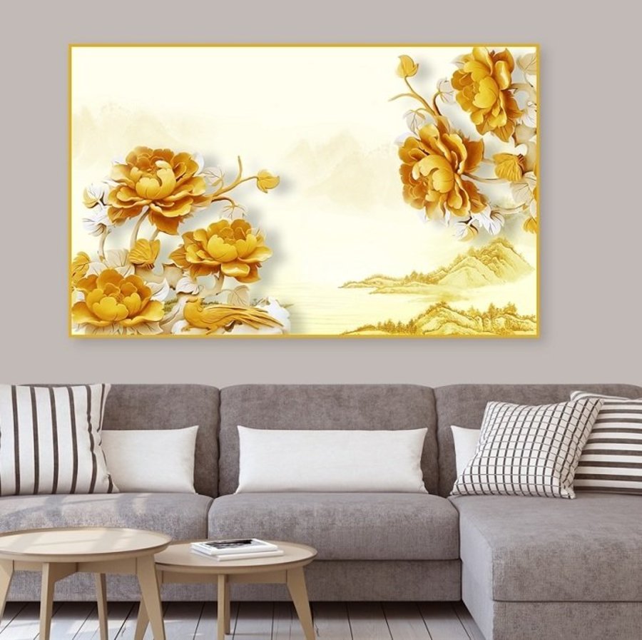 Tranh Treo Tường 3D Hoa Mẫu Đơn Vàng Và Phong Cảnh Tranh Treo Tường 3D Hoa Mẫu Đơn Vàng Và Phong Cảnh