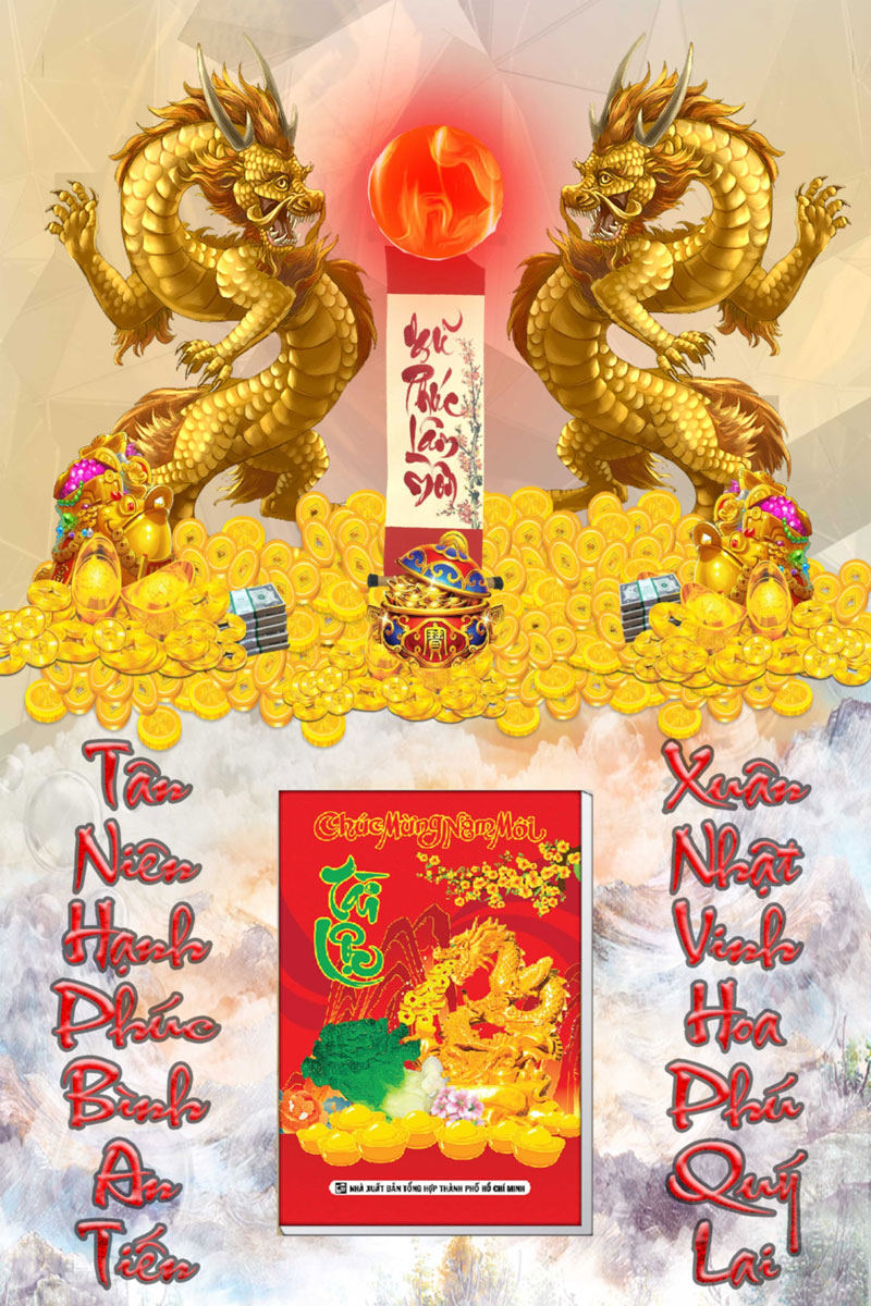 Lịch Gỗ Tết 2024 Tráng Gương Treo Tường Laminate - Đôi Rồng Vàng (40 x 60 cm) - NS61