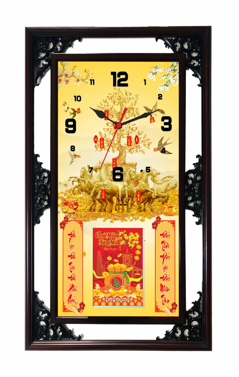Lịch Gỗ Tết 2025 Phù Điêu Đồng Hồ - Ngựa Vàng &Amp; Cây Tài Lộc (52 X 82 Cm) - Nsdh10