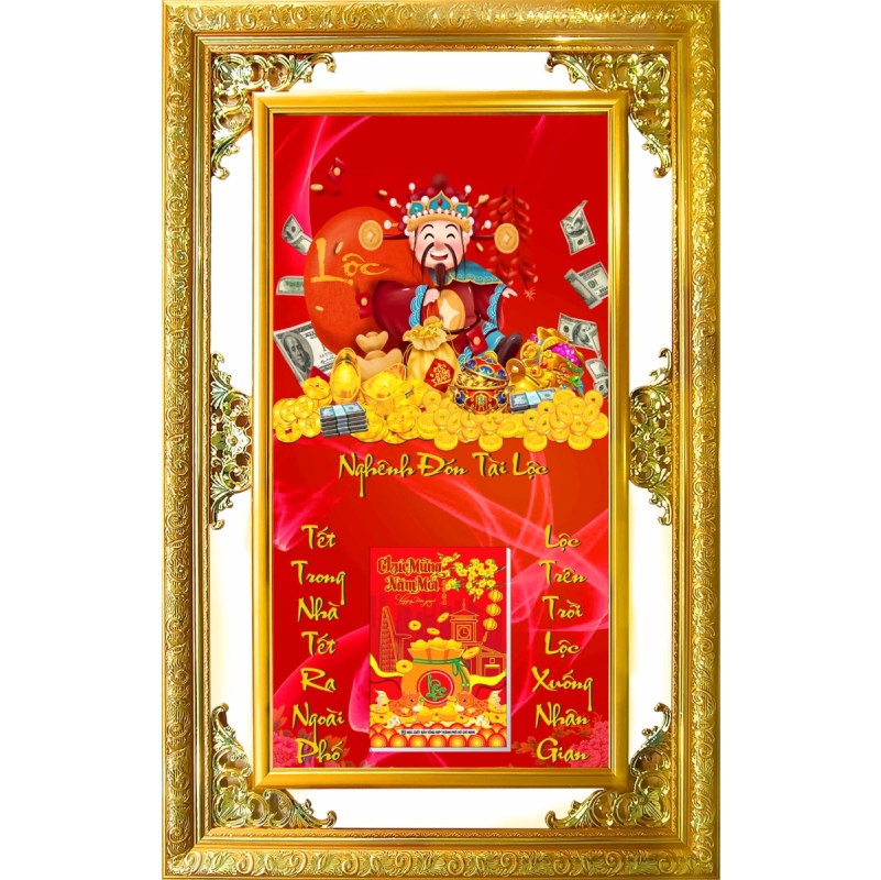 Lịch Gỗ Phù Điêu Treo Tường Cao Cấp Khung Đôi Vàng 2024 (56 x 86 cm) - Nghênh Đón Tài Lộc (NS22) 