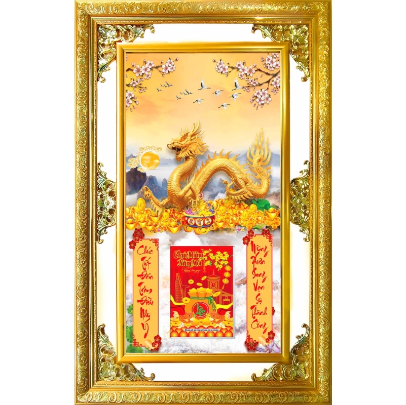 Lịch Gỗ Phù Điêu Treo Tường Cao Cấp Khung Đôi Vàng 2024 (56 x 86 cm) - Rồng Vàng (NS15) 