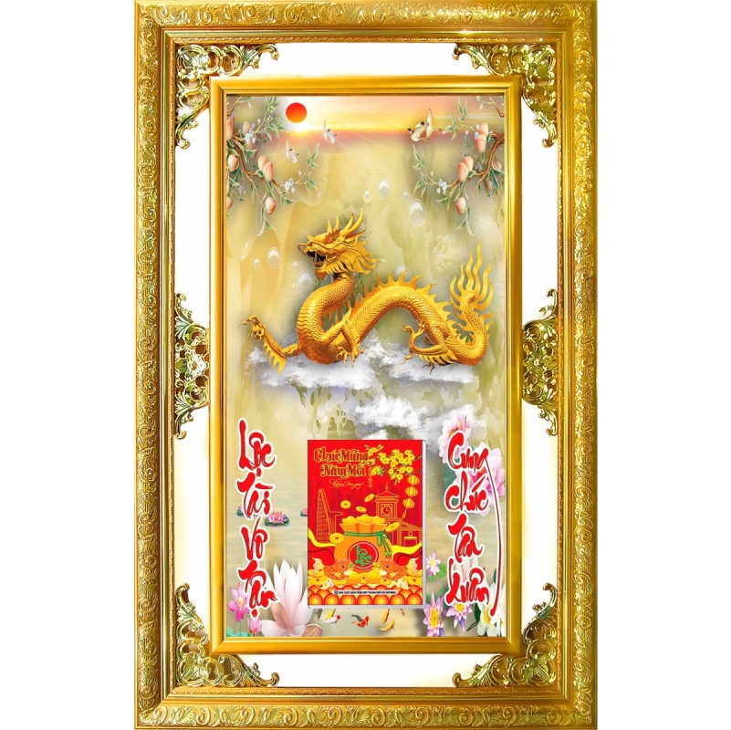 Lịch Gỗ Phù Điêu Treo Tường Cao Cấp Khung Đôi Vàng 2024 (56 x 86 cm) - Rồng Vàng (NS14)