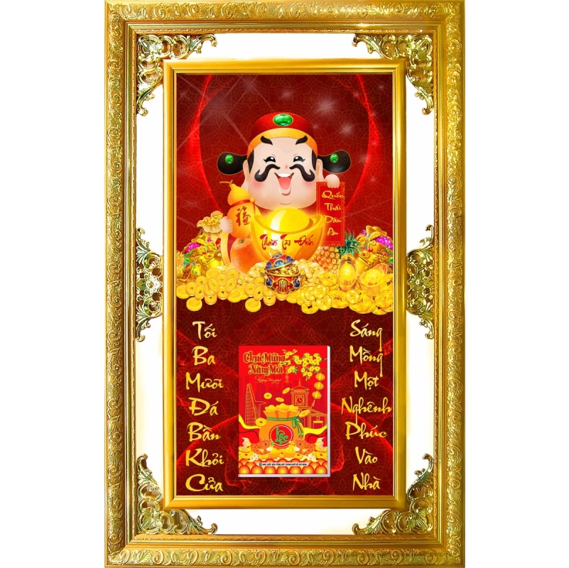 Lịch Gỗ Phù Điêu Treo Tường Cao Cấp Khung Đôi Vàng 2024 (56 x 86 cm) - Thần Tài Đến (NS12)