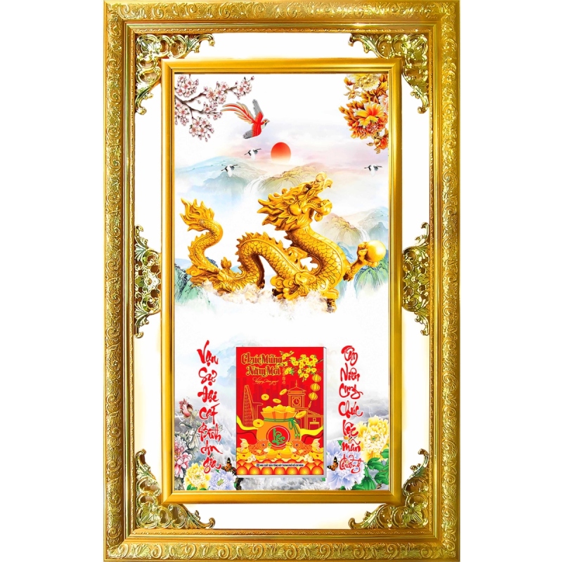Lịch Gỗ Phù Điêu Treo Tường Cao Cấp Khung Đôi Vàng 2024 (56 x 86 cm) - Rồng Vàng (NS08) 