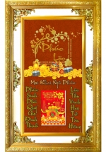 Lịch Gỗ Phù Điêu Treo Tường Cao Cấp Khung Đôi Vàng 2024 (56 x 86 cm) - Mai Khai Ngũ Phúc (NS05)