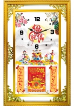 Lịch Gỗ Phù Điêu Đồng Hồ Cao Cấp Khung Đôi Vàng 2024 (52 x 82 cm) - Phúc Lộc Thọ (NSDH19)