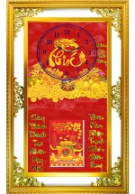 Lịch Gỗ Phù Điêu Đồng Hồ Cao Cấp Khung Đôi Vàng 2024 (52 x 82 cm) - Phúc Lộc Cát Tường (NSDH18)