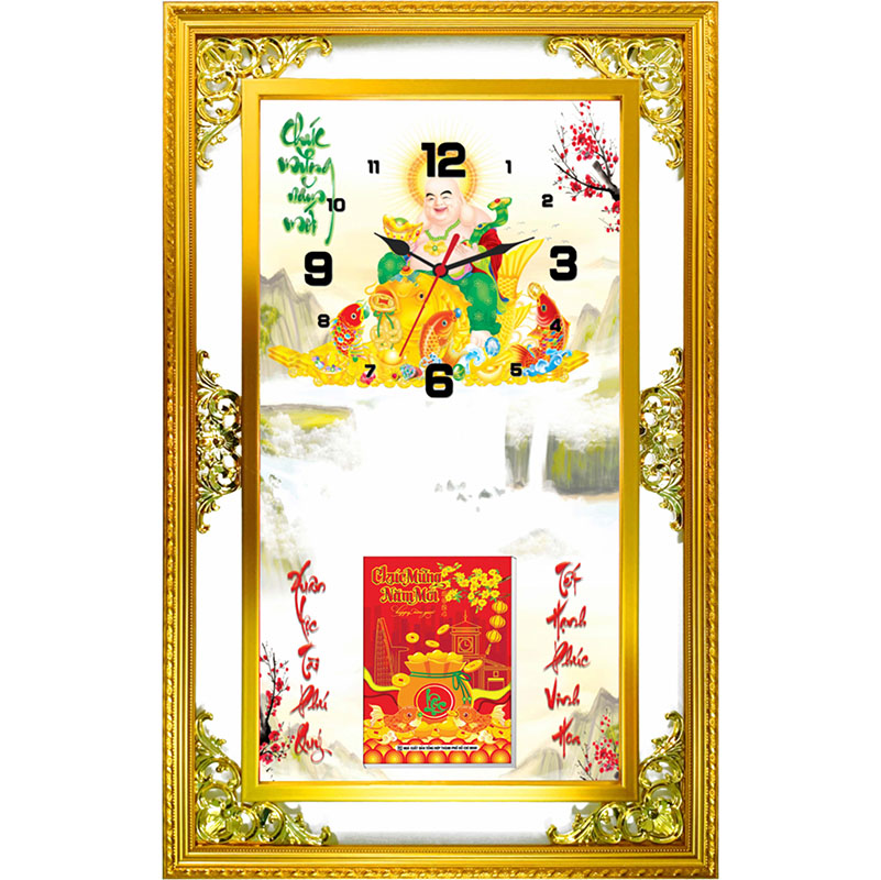 Lịch Gỗ Phù Điêu Đồng Hồ Cao Cấp Khung Đôi Vàng 2024 (52 x 82 cm) - Phật Di Lặc (NSDH16)