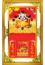 Lịch Gỗ Phù Điêu Đồng Hồ Cao Cấp Khung Đôi Vàng 2024 (52 x 82 cm) - Thần Tài Đến (NSDH15)