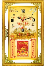 Lịch Gỗ Phù Điêu Đồng Hồ Cao Cấp Khung Đôi Vàng 2024 (52 x 82 cm) - Ngựa Vàng Và Cây Tài Lộc (NSDH12)