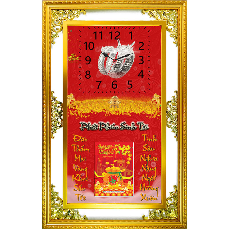 Lịch Gỗ Phù Điêu Đồng Hồ Cao Cấp Khung Đôi Vàng 2024 (52 x 82 cm) - Dành Cho Tiệm Vàng - Phát Phúc Sinh Tài (NSDH04)