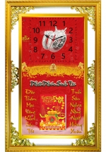 Lịch Gỗ Phù Điêu Đồng Hồ Cao Cấp Khung Đôi Vàng 2024 (52 x 82 cm) - Dành Cho Tiệm Vàng - Phát Phúc Sinh Tài (NSDH04)