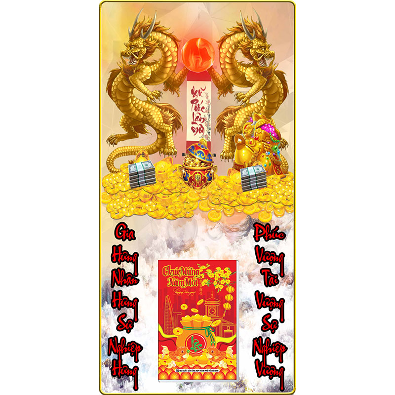 Lịch Gỗ Treo Tường Laminate Tráng Gương 2024 (39 x 79 cm) Bọc Viền Cao Cấp - Đôi Rồng Vàng (NS01)