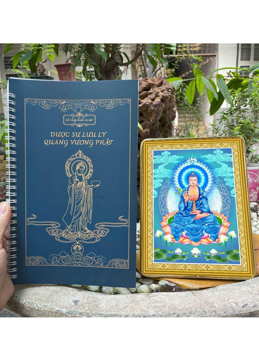 Combo Sổ Chép Kinh In Mờ - Dược Sư Lưu Ly Quang Vương Phật + Tranh Để Bàn Phật Dược Sư