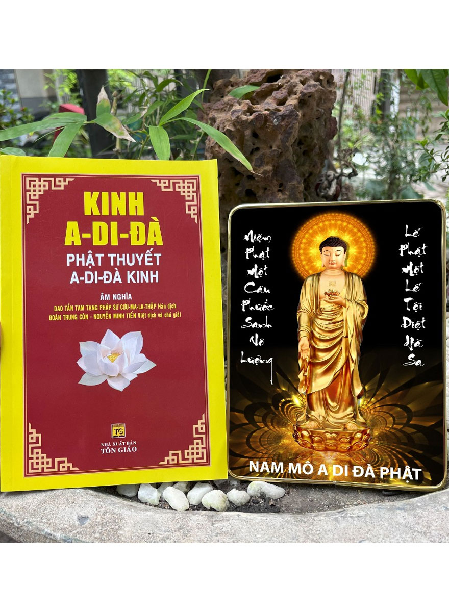 Combo Kinh A - Di - Đà Phật Thuyết A - Di - Đà Kinh + Tranh Để Bàn Đức Phât A Di Đà