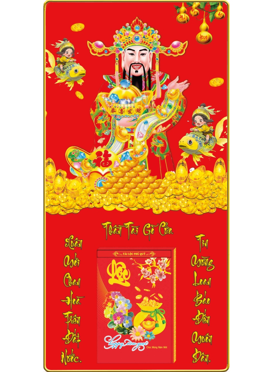Lịch Gỗ Treo Tường Laminate Tráng Gương 2025 (40 x 80 cm) Bọc Viền Cao Cấp - Thần Tài Gõ Cửa (NS12)