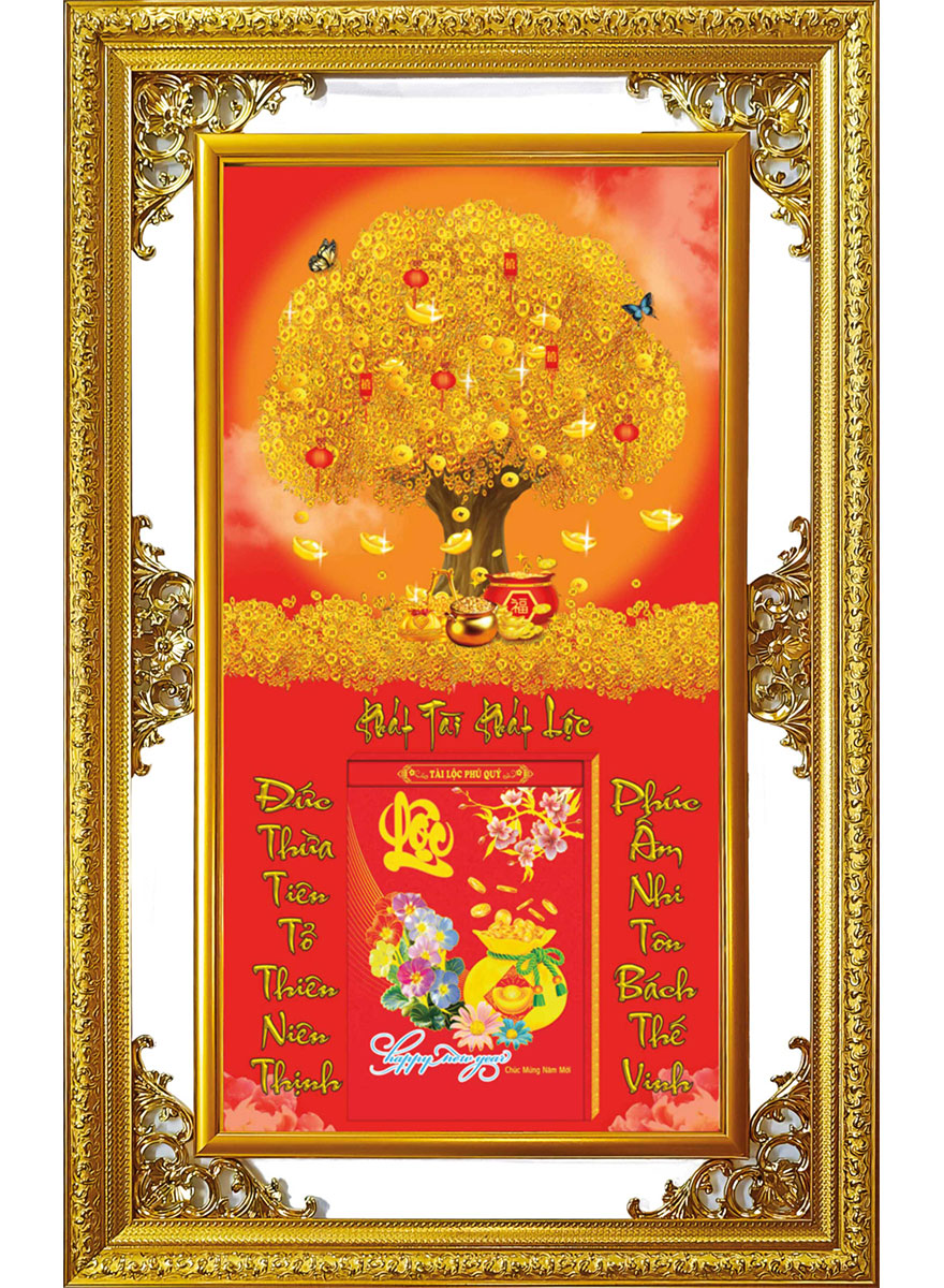 Lịch Gỗ Cao Cấp 2025 Khung Đôi Vàng (56 X 88 Cm) - Cây Kim Tiền - Ns08 