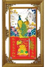 Lịch Gỗ Cao Cấp 2025 Khung Đôi Vàng (56 x 88 cm) - Chim Công - NS03