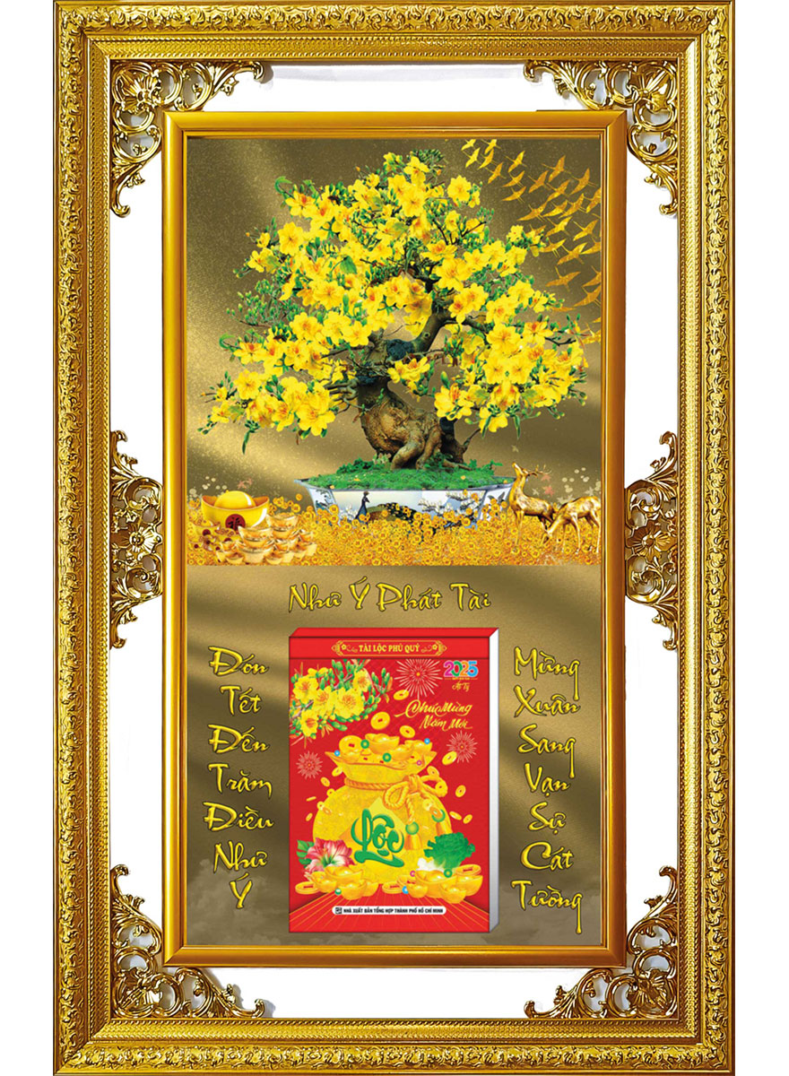 Lịch Gỗ Cao Cấp 2025 Khung Đôi Vàng (56 X 88 Cm) - Cây Mai - Ns02
