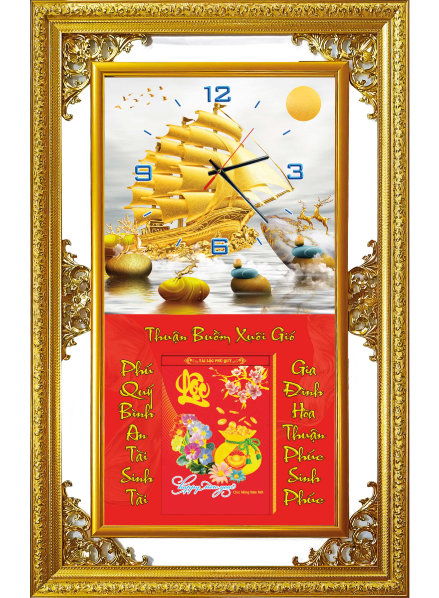 Lịch Gỗ Tết 2025 Phù Điêu Đồng Hồ Khung Đôi Vàng (56 X 88 Cm) - Thuận Buồm Xuôi Gió - Nsdh05