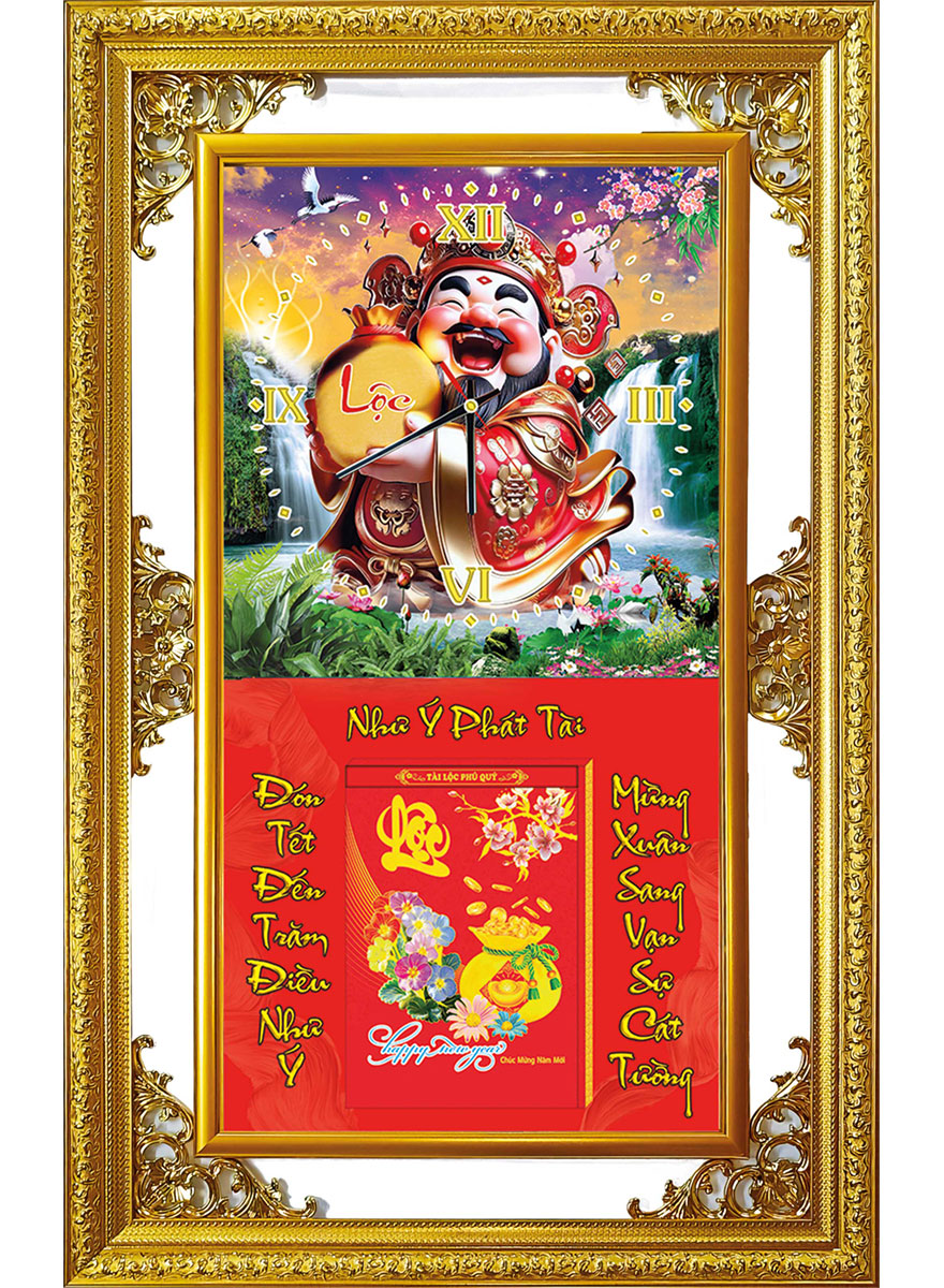 Lịch Gỗ Tết 2025 Phù Điêu Đồng Hồ Khung Đôi Vàng (56 X 88 Cm) - Thần Tài - Nsdh04
