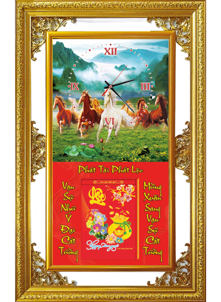 Lịch Gỗ Tết 2025 Phù Điêu Đồng Hồ Khung Đôi Vàng (56 X 88 Cm) - Mã Đáo Thành Công - Nsdh03