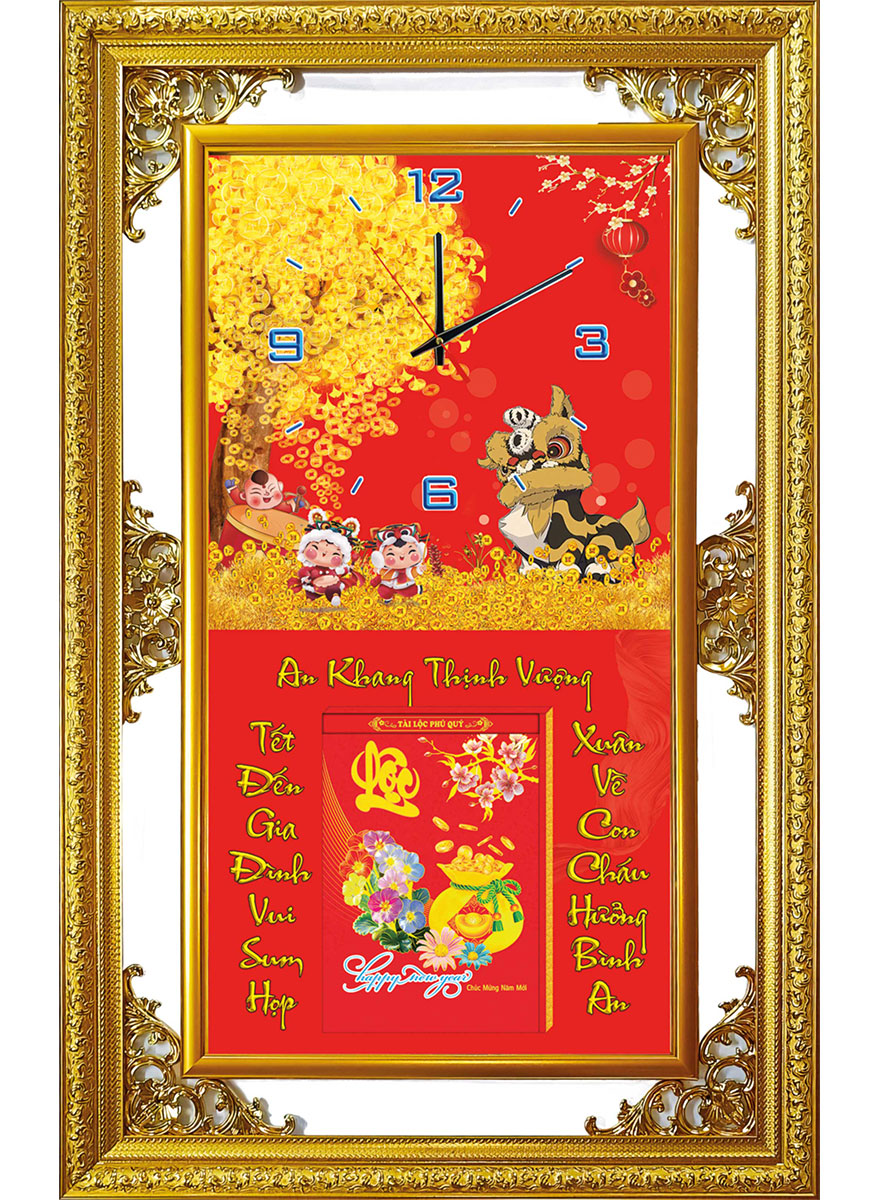 Lịch Gỗ Tết 2025 Phù Điêu Đồng Hồ Khung Đôi Vàng (56 X 88 Cm) - Cây Kim Tiền - Nsdh02