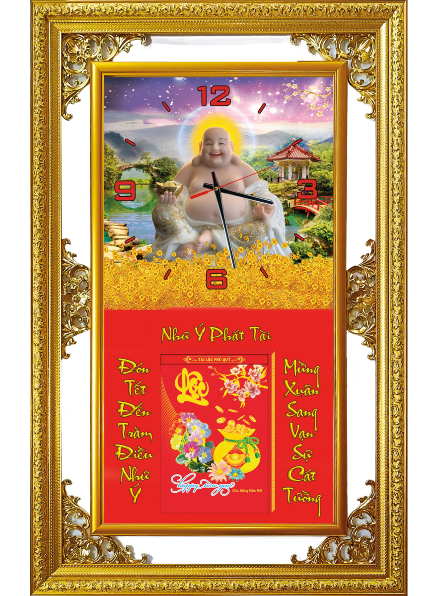Lịch Gỗ Tết 2025 Phù Điêu Đồng Hồ Khung Đôi Vàng (56 X 88 Cm) - Phật Di Lặc - Nsdh01